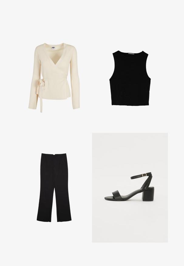 Beige ribbad omslagstopp med djup V-ringning, lång ärm och en knytning i midjan. Mjuk textur med subtilt mönster.; Svart ärmlös crop top i mjukt tyg, med rund hals och en ren, enkel design utan mönster eller detaljer.; Svarta byxor med rak passform, utrustade med framfickor och sidoklyvningar vid fållen. Tillverkade av mjukt, slätt tyg. Lämpliga för olika tillfällen.; Svart klacksandals med en slät läderöverdel, öppen tå, breda framremmar och justerbart ankelband med en guldfärgad spänne.