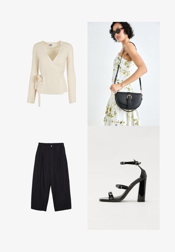 Beige ribbet indpakningsbluse med dyb V-hals, lange ærmer og en knyttet detalje i taljen. Blød tekstur med subtilt mønster.; Sort ærmeløs crop top lavet af glat stof, med rund hals og et rent, enkelt design uden mønstre eller hardware.; Sorte polyester culotte bukser med elastisk talje, to forpiber og en løs silhuet. Ingen synlige mønstre eller hardware detaljer.; Sorte patenterede hælsandaler med firkantet tå, ankelremme og sølvspænder. Har en chunky blokHæl for stabilitet.; Sort læderhåndtaske med en buet form, aftagelig rem og guldfinish. Tasken har en klap med en spænde detalje.