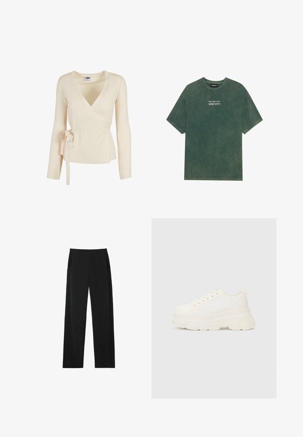 Top envolvente de canalé color beige con un profundo escote en V, mangas largas y un detalle atado en la cintura. Textura suave con un patrón sutil.; Camiseta de algodón verde con cuello redondo y mangas cortas. Presenta un texto impreso en blanco, desvanecido, que dice "SUMÉRGETE EN LA SERENIDAD". Textura suave.; Pantalones negros con un diseño de pierna recta, que cuentan con dos bolsillos laterales y un tejido suave y ligero. Sin patrones visibles ni herrajes.; Zapatilla de lona blanca con suela gruesa, punta redonda y cinco ojales para los cordones. Lengüeta trasera para facilitar el uso. Textura suave, diseño minimalista.