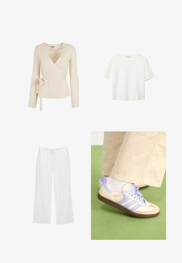 Beige ribbet indpakningsbluse med dyb V-hals, lange ærmer og en knyttet detalje i taljen. Blød tekstur med subtilt mønster.; Hvid kortærmet t-shirt lavet af bomuld. Har en rund halsudskæring og en afslappet pasform. Glat tekstur uden synlige mønstre eller detaljer.; Hvide bredbenede bukser lavet af blødt stof, med en elastisk talje og snøring samt to sidelommer. Simpelt og rent design.; Creme og lavendel sneakers med tre striber og en tekstureret brun sål, der har snørebånd og en polstret hæl. Blødt stof øvre.