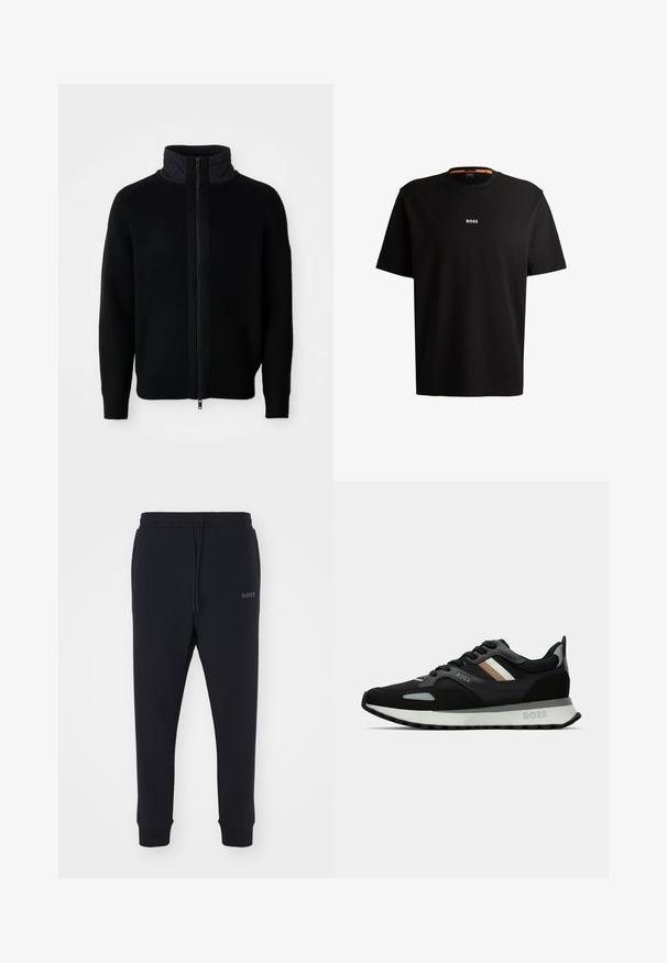 Sweater preto com um colarinho alto, fecho com zípper, textura canelada e mangas longas. O tecido combina painéis de malha e lisos.; T-shirt preta em algodão com gola redonda, mangas curtas e logo branco "BOSS" centrado no peito. Textura suave, corte casual.; Calças de fato pretas feitas de material macio, com uma cintura elástica, cordão e pernas ajustadas. Apresenta um pequeno logotipo de lado.; Shoe de corrida preto com uma superfície texturizada, detalhes cinza claro e três riscas horizontais em castanho. Apresenta uma sola branca acolchoada.
