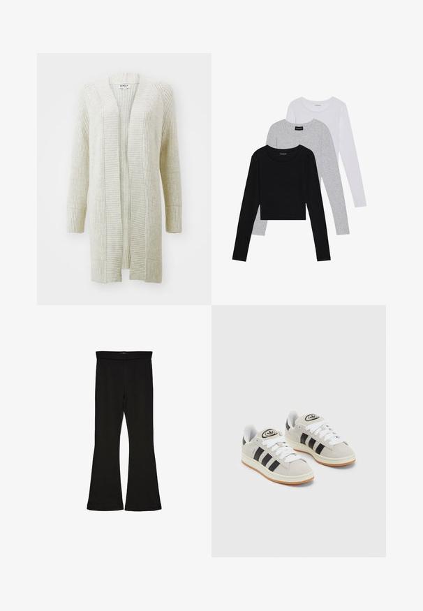 Dugi kardigan otvorenog prednjeg dela u svetlosmeđem pletenju. Ima rebraste manžetne i donji deo, sa teksturiranim uzorkom na telu. Meki, udoban materijal.; Tri dugih rukava posložena: crna, siva i bijela. Svaka ima okrugli izrez i skrateni kroj s glatkom, laganom tkaninom.; Crne hlače na tregere od rastezljivog materijala. Imaju širok pojas i glatku teksturu, s uskim krojem koji se širi na rubu.; Sive suede tenisice s bijelim vezicama, crnim prugama i bijelim gumiranim potplatom. Imaju kružni logo na jeziku i gumeni potplat.