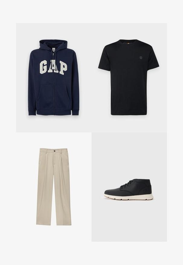 GAP HERITAGE LOGO - Sweatjacke - tapestry navy; Schwarzes Baumwoll-T-Shirt mit Rundhalsausschnitt, kurzen Ärmeln und einem kleinen, gestickten Logo auf der Brust. Glatte Textur, klassischer Schnitt.; Beige Hosen mit geradem Schnitt, ausgestattet mit einem einzelnen schwarzen Knopf, Gürtelschlaufen und Seitentaschen. Glatte Stofftextur und minimalistisches Design.; Schwarze Leder-Chukka-Stiefel mit einer weißen Gummisohle, ausgestattet mit runden Schnürsenkeln und einem seitlich geprägten Logo auf der Ferse. Glatte Textur überall.