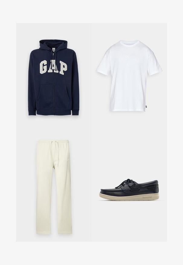 GAP - Bluza rozpinana; Biała bawełniana koszulka z krótkim rękawem i okrągłym dekoltem. Posiada małe, dyskretne logo Nike na piersi oraz metkę po boku.; Jasnobeżowe spodnie dresowe z regulowanym sznurkiem w talii, wykonane z miękkiego materiału. Na lewym udzie znajduje się subtelne, białe logo Nike.; Granatowe skórzane buty żeglarskie o niskim profilu, z białą gumową podeszwą, okrągłymi sznurówkami i dekoracyjnym bocznym przeszyciem; posiadają metalowe oczka i logo.