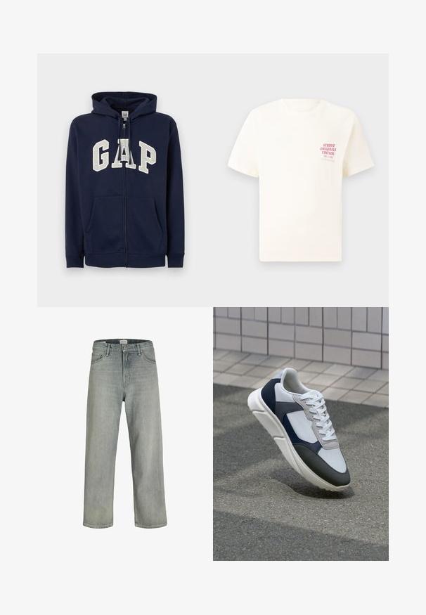 GAP HERITAGE LOGO - Zip-up sweatshirt - tapestry navy; White short-sleeve T-shirt with red text "Studio Originals Edition" on left chest, displayed on a neutral gray background.; Light gray, loose-fitting jeans made of denim. Features a classic five-pocket design, belt loops, and a straight leg silhouette.; White, navy, and gray sneaker with a mixed material design, featuring a textured upper, flat laces, and a cushioned sole.