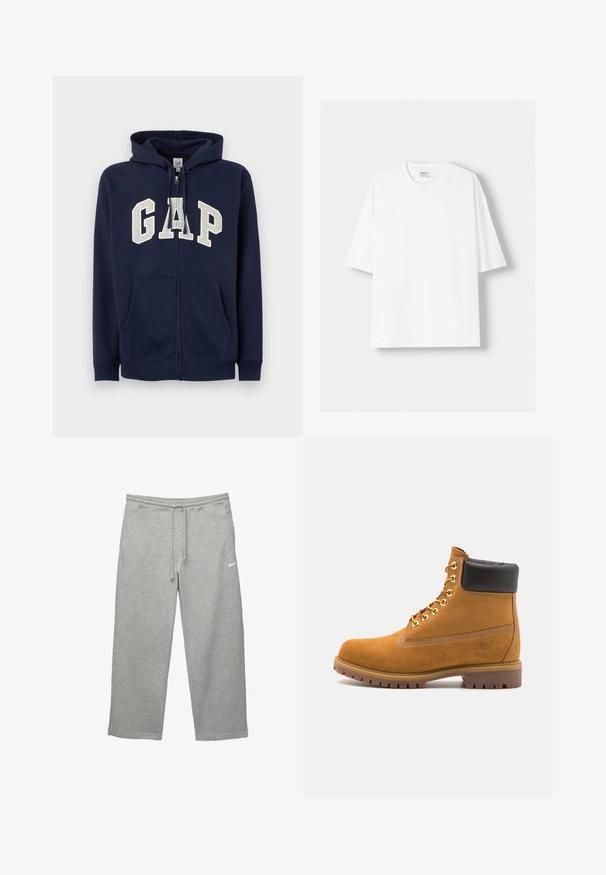 GAP HERITAGE LOGO - Sweater met rits - tapestry navy; Witte t-shirt met korte mouwen, gemaakt van katoen, met een ronde halslijn en een relaxte pasvorm. Gladde textuur, zonder zichtbare patronen of accenten.; Grijze sweatpants gemaakt van zachte stof met een elastische tailleband, verstelbare trekkoord en zijzakken. Kenmerkt zich door een klein wit logo.; Tan suède enkelboot met zwart gevoerd kraagje, gouden metalen oogjes, witte stikdetails en een robuuste rubberen zool met uitgesproken profiel.