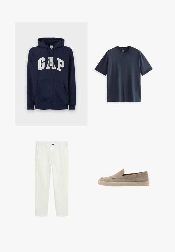 GAP HERITAGE LOGO - Tröja med dragkedja - tapestry navy; Mörkblå bomulls t-shirt med rund hals, korta ärmar och en avslappnad passform. Slät textur utan synliga mönster eller detaljer.; Vita bomullbyxor med raka ben, med en enda svart knappstängning, sidofickor och rena sömnadsdetaljer.; Beiga mockasiner i mocka med rund tå, låg profil och texturerad yta. Har subtila sömdetaljer längs ovansidan.