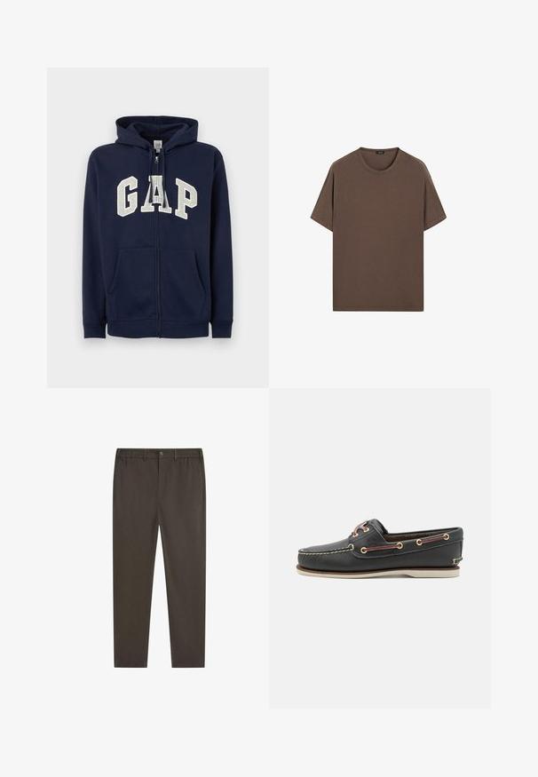 GAP HERITAGE LOGO - Sweatjacke - tapestry navy; Braunes Baumwoll-T-Shirt mit Rundhalsausschnitt und kurzen Ärmeln. Einfaches Design mit gleichmäßiger Textur und lockerer Passform. Keine Muster oder Akzente.; Dunkelbraune Hose mit geradem Bein, elastischem Bund, vorderem Knopfverschluss und Seitentaschen. Glatte Stofftextur.; Schwarze Lederschuhl mit runder Spitze, weißer Gummisohle, goldenen Ösen und kontrastierenden burgunderfarbenen Schnürsenkeln. Mit gesteppten Details.