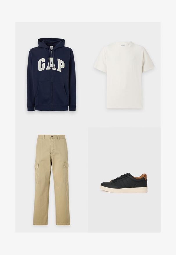 GAP HERITAGE LOGO - Majica s kapuljačom i patentnim zatvaračem - tapestry navy; Bijela kratka majica s kratkim rukavima u rebrastoj teksturi. Okrugli izrez, ležeran kroj, bez vidljivih uzoraka ili akcenta. Jednostavan i svestran dizajn.; Bež cargo hlače izrađene od pamuka, s dva bočna džepa, zatvaranjem na gumb i ravnim nogavicama od blago teksturirane tkanine.; Crne kožne tenisice s kremasto gumenom potplatom, s glatkom površinom, smešnim akcentom na peti i tri dekorativne pruge sa strane.