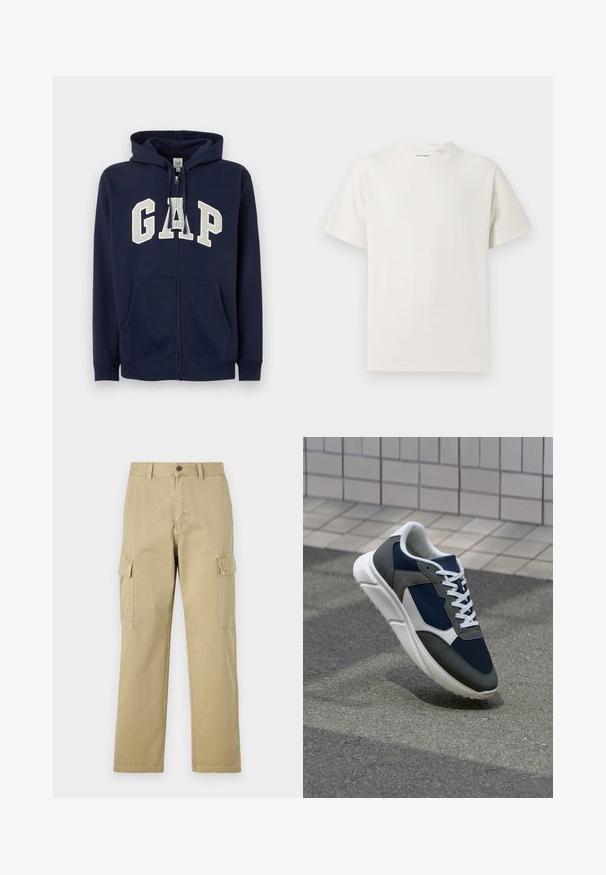 GAP HERITAGE LOGO - Sweatjacke - tapestry navy; Weißes T-Shirt mit kurzen Ärmeln in gerippter Textur. Runder Ausschnitt, lockere Passform, keine sichtbaren Muster oder Akzente. Einfaches und vielseitiges Design.; Beige Cargo-Hosen aus Baumwolle, mit zwei Seitentaschen, einem Knopfverschluss und geraden Beinen aus einem leicht strukturierten Stoff.; Sneaker mit einem Obermaterial aus navyblauem Mesh, grauen Wildlederelementen, einer weißen Gummisohle und flachen weißen Schnürsenkeln, entworfen für Komfort und Atmungsaktivität.