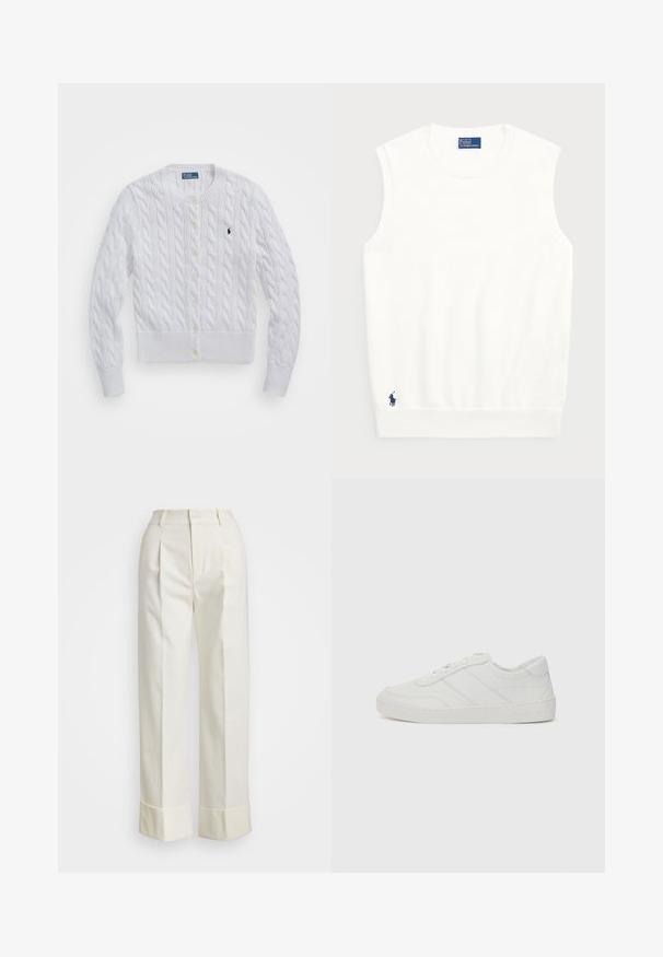 Bílý kardigan s pleteným vzorem, kulatým výstřihem, žebrovanými manžetami a lemem, s žlutými knoflíky a malým tmavým logem na levé hrudi.; Bílé bezrukávové svetr vyrobený z hladké bavlny, s ribbovaným lemem a malým námořnickým logem ve spodním levém rohu. Jednoduchý design, bez vzorů.; Bílé kalhoty na míru s vysokým pasem, dvojitými předními záhyby a širokými nohavicemi s ohrnutými lemy. Vyrobeny z hladké, strukturované tkaniny.; Bílé kožené tenisky s plochými tkaničkami, zaoblenou špičkou a jemnými detaily šití. Disponují strukturovanou podrážkou a embosovaným logem značky na patě.