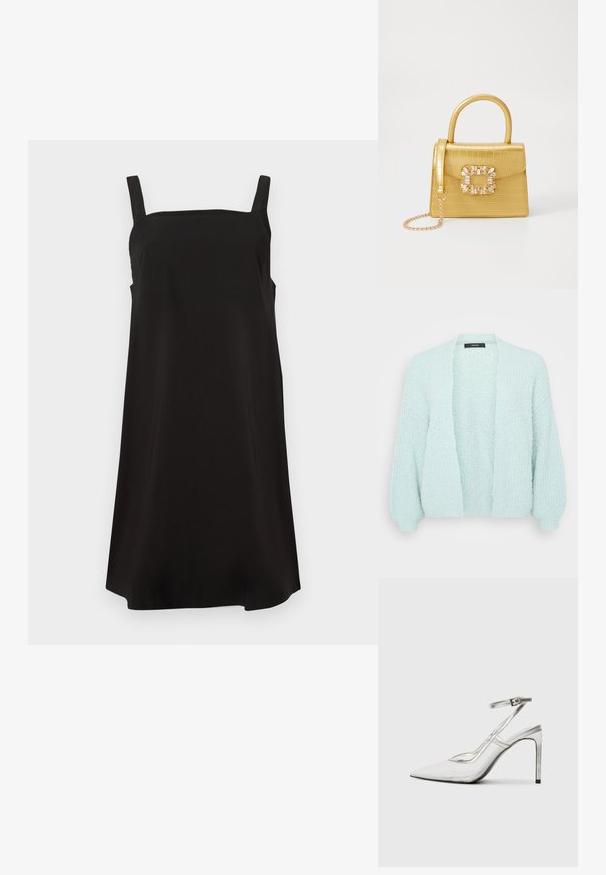 Světle mátově zelený kardigan, otevřený vpředu, texturovaná pletenina, volný střih, dlouhé rukávy s žebrovanými manžetami, jemný vzhled.; Černé šaty bez rukávů se čtvercovým výstřihem, vyrobené z hladké látky, s volným střihem a rovnou siluetou. Žádné viditelné vzory ani hardware.; Průhledná stiletto vysoká bota s špičatou špičkou, transparentní materiál, metalické stříbrné akcenty a nastavitelné pásky kolem kotníku.; Žlutá kabelka z umělé krokodýlí kůže se strukturovaným designem, horním uchopem, odnímatelným řetízkovým popruhem a dekoračním krystalovým zdobením na zapínání.