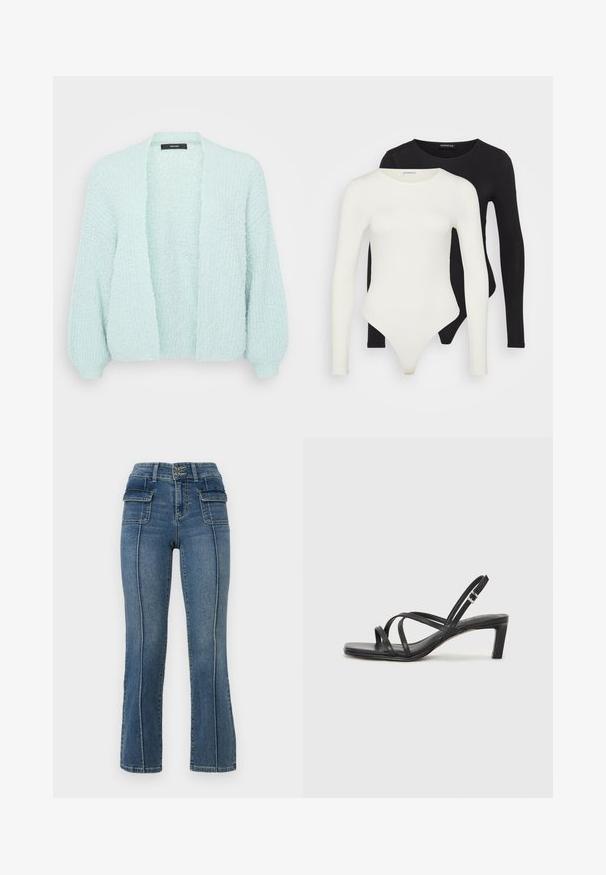 Šviesiai mėtų žalios spalvos kardiganas, atviras priekyje, tekstūruoto mezgimo audinys, laisvas kirpimas, ilgos rankovės su raukiniais, minkšta išvaizda.; Du būgno su ilgomis rankovėmis baltos ir juodos spalvos. Pagaminti iš lygaus audinio, turi apvalų kaklą ir thong stilių, kad užtikrintų sklandų dėvėjimą.; ONLY Petite ONLWAUW MID WAIST FLARED - Platėjantys džinsai - medium blue denim; Juodi šlepetės su kvadratiniu pirštu ir žemu bloku kulnu. Yra keli ploni dirželiai ir reguliuojamas kulkšnies diržas. Pagaminti iš lygios odos.