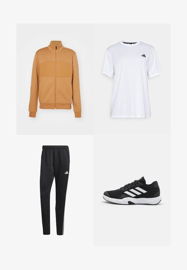 Lysebrun zip-jakke med høj krave, har et paneldesign på brystet, ribbede manchetter og en glat, blød tekstur.; Hvid sports t-shirt med korte ærmer, lavet af fugttransporterende stof. Har et sort logo på venstre bryst og en mønstret indvendig halsudskæring.; Sorte træningsbukser med en strækbar talje, hvide sidelameller og et lille hvidt logo på låret. Fremstillet af et glat, let materiale.; Sorte atletiksko med en tekstureret mesh-overdel, hvide accentstriber, en polstret sål og en forstærket hæl for støtte.