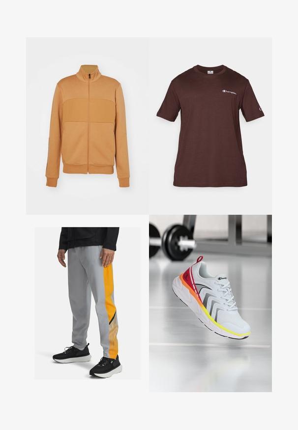 Šviesiai rudas užtrauktuku užsegamas švarkas su aukšta apykakle, turintis skirtingų plokščių dizainą ant krūtinės, raištiniais rankogaliais ir glotnia, minkšta tekstūra.; Ruda medvilnės marškinėliai trumpomis rankovėmis, apvaliu kaklu ir mažiu baltu "Champion" logotipu kairėje krūtinės pusėje ir ant rankovės. Klasikinio kirpimo dizainas.; Pilki sportiniai kelnių modeliai turi oranžinį šoninį panelį su vertikaliomis linijomis ir juodais akcentais. Pora su juodais sportiniais bateliais prieš neutralią foną.; Baltas sportinis batas su tinklo viršumi, spalvingais raštais raudonos, oranžinės ir geltonos spalvų, su tekstūruotu padu ir juodais akcentais.