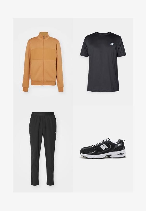 Svetlohnedá zipsová bunda s vysokým golierom, ktorá má panelový dizajn na hrudi, pružné manžety a hladkú, jemnú textúru.; New Balance Športové tričko - black; Čierne športové nohavice vyrobené z ľahkého materiálu, s elastickým pásom, zúženým strihom a diskrétnym logom na boku.; Čierne a šedé športové topánky s hornou časťou z mikrovlákna a zamatu, s bielou medzipodrážkou, šnúrkami a výrazným logom "N" na boku.