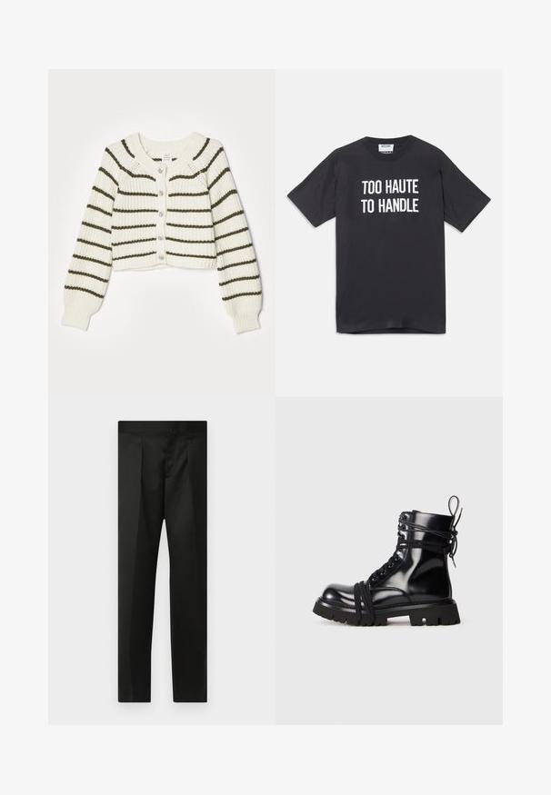Cremfarbener Cardigan mit dunklen grünen Streifen, gestrickter Textur, verkürztem Design, rundem Ausschnitt und fünf Knöpfen vorne.; Schwarzes Baumwoll-T-Shirt mit kurzen Ärmeln und rundem Ausschnitt, auf der Vorderseite mit weißem Text, der "TOO HAUTE TO HANDLE" lautet.; Schwarze Hose aus glattem Stoff, maßgeschneidertem Design, mit geraden Beinen und einem flachen Bund ohne sichtbare Verschlüsse oder Taschen.; Schwarze Lacklederstiefel mit einer dicken Sohle, abgerundeter Zehenform und Schnürdetails. Verfügt über umwickelte Schnürsenkel und eine Schlaufe am Absatz.