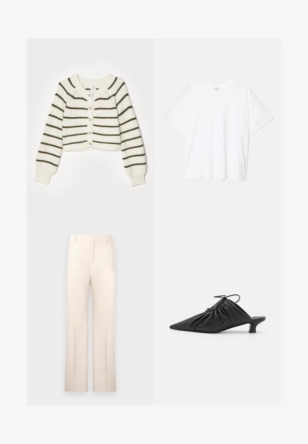 Kremeni kardigan s tamnozelenim prugama, pletena tekstura, skraćeni dizajn, okrugli izrez i pet dugmadi s prednje strane.; Bijela pamučna majica s kratkim rukavima, okruglim izrezom, opuštenim krojem i šivenim rubom. Etiketa je vidljiva na unutarnjoj strani vrata.; Bež hlače s ravnim nogavicama, izrađene od lagane tkanine. Imaju prednje nabore i klasičan pojas.; Crne kožne cipele bez pete s oštrim vrhom, nabranim teksturom i malom kitten petom. Imaju detalj na vezanje na otvaranju.