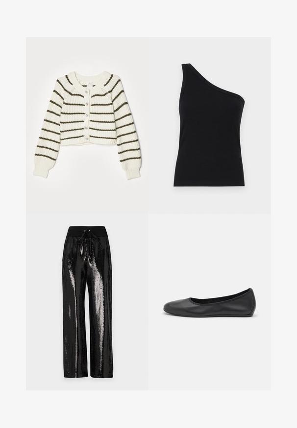 Crème kleurige cardigan met donkergroene strepen, gebreide textuur, cropped ontwerp, ronde halslijn en vijf knopen aan de voorkant.; Zwarte ribbel tanktop met één schouder, met een aansluitend ontwerp en een zachte textuur. Kenmerkt zich door een strakke, minimalistische snit en een soepele halslijn.; Zwarte paillettenbroek met een wijde pijp en een elastische tailleband met een trekkoord. De stof heeft een reflecterende, glanzende textuur.; Zwarte leren ballerina met een ronde neus, gladde textuur, minimale stikdetails en een flexibele zoolontwerp.