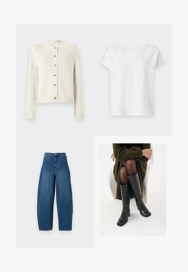 Krémszínű kötött kardigán kerek nyakkivágással, hosszú ujjakkal és hat gombos elülső záródással. Bordás mandzsettákkal és hem-mel rendelkezik.; Fehér vászon ing laza fazonnal, rövid ujjakkal és V-kivágással. Enyhén texturált felülettel és oldalsó hasítékokkal rendelkezik a mozgás könnyítése érdekében.; Közepes kék mosású farmernadrág, magas derékkal, széles lábszárral és hagyományos öt zsebes kialakítással, látható varrási részletekkel.; Térdfelett érő fekete bőr csizmák négyzet alakú orral és tömbtalppal, olajzöld kabátban ülő modellel bemutatva. Simaság, minimalista részletezés.