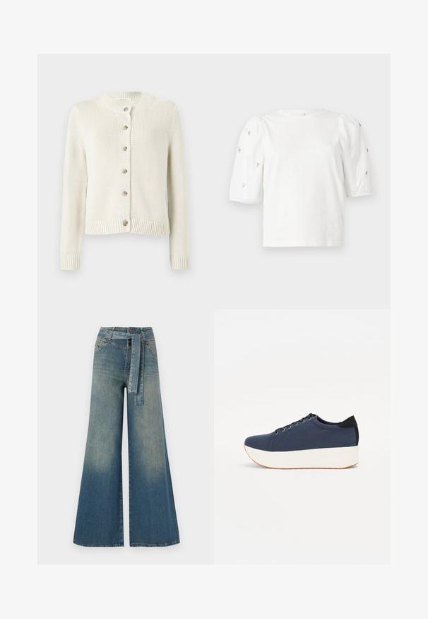 Krémszínű kötött kardigán kerek nyakkivágással, hosszú ujjakkal és hat gombos elülső záródással. Bordás mandzsettákkal és hem-mel rendelkezik.; Fehér pamut póló rövid puffos ujjakkal, a ujjain kicsi ezüst díszítések találhatók. Klasszikus kerek nyakú, laza fazonú.; Bőszárú farmernadrág, világos és sötétkék árnyalatokkal, magas derekú, övgyűrűkkel és a nadrággal megegyező anyagú övvel. Textúrált farmer kivitel.; Sötétkék sportcipő, texturált szövet felsőrész, fehér platform talp, lekerekített orr és fekete sarok akcentussal. Hat fűzőlyuk található rajta.