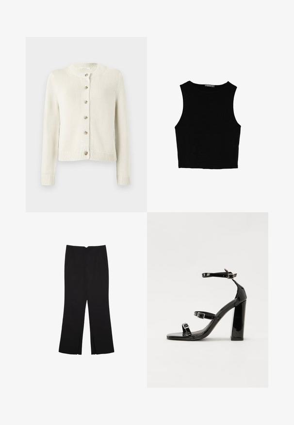 Stickad kofta i krämfärg med rund halsringning, långa ärmar och sex knoppar framtill. Har ribbade manchetter och nederkant.; Svart ärmlös crop top i mjukt tyg, med rund hals och en ren, enkel design utan mönster eller detaljer.; Svarta byxor med rak passform, utrustade med framfickor och sidoklyvningar vid fållen. Tillverkade av mjukt, slätt tyg. Lämpliga för olika tillfällen.; Svarta lackerade klacksandaler med fyrkantig tå, ankelremmar och silverfärgade spännen. Har en kraftig blockklack för stabilitet.