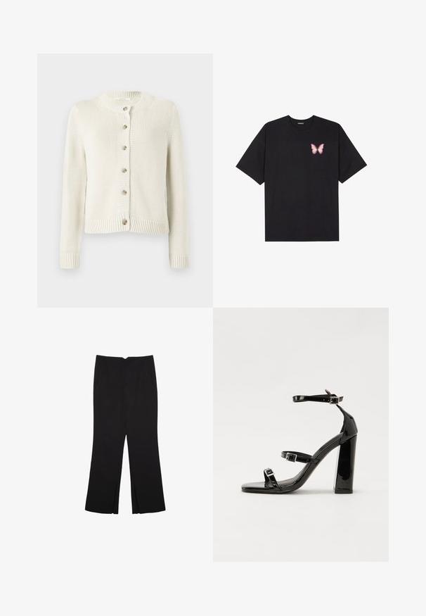 Pleteni kardigan v kremni barvi z okroglim izrezom, dolgimi rokavi in sprednjim zapiranjem na šest gumbov. Ima rebraste manšete in rob.; Črna bombažna majica s kratkimi rokavi, ki ima majhen roza metuljček na levi strani prsnega dela. Majica s krožnim ovratnikom in sproščenim krojem.; Črne hlače ravnega kroja z naglavnimi žepi in stranskimi razporki na robu. Narejene iz mehke, gladke tkanine. Primerne za različne priložnosti.; Črne lakirane sandale s peto, kvadratnim prstom, trakovi okrog gležnja in srebrnimi zaponkami. Opremljene so s stabilno Debelo peto.