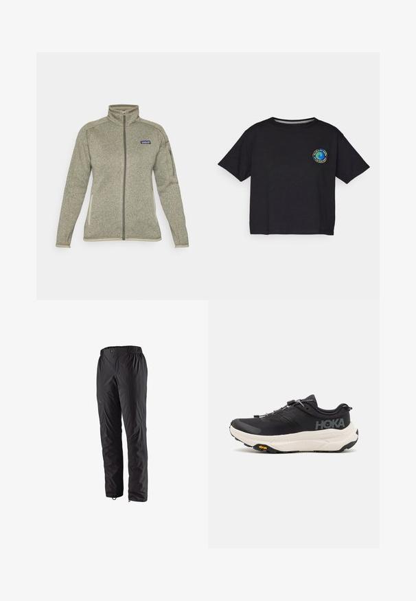 Helehall hallide täis-sisse tõmmatav fliisjakki, millel on kõrge krae, tõmbluku tasku varrukal, küljetaskud ja Patagonia logo rinnal.; Must musta lühikeste varrukatega T-särk, millel on rinnal ringikujuline mitmevärviline logo. Otse lõpp ja mugav lõige.; Mustavad veekindlad püksid elastse vöökoha, külgmiste tõmblukkude, kitsenevate säärejate ja sileda tekstuuriga. Sobivad välistingimustes tegevuseks.; Mustad mustadused spordijalatsid, millel on hingav võrkkangast pealmine osa, kummist välistald, valge pehmendusega vaheosa ja peegeldavad nöörid. Vibrami logo välistalla peal.