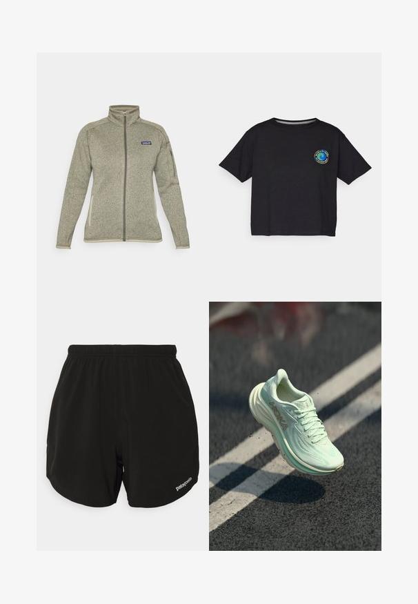 Világosszürke, teljes hosszában cipzáras fleece dzseki, álló gallérral, cipzáras zseb a részen, oldalsó zsebekkel és Patagonia logóval a mellkason.; Fekete pamut rövid ujjú póló, melynek mellkasán egy kör alakú, színes logó található. Egyenes alj és laza szabás jellemzi.; Fekete sportnadrág elasztikus derékkal, ívelt szegéllyel, oldalsó zsebekkel, és egy apró fehér "Patagonia" logóval az alsó jobb oldalon.; HOKA futócipő világos mentazöld színben, texturált hálós felsőrésszel, lekerekített orral, párnázott talppal és kiemelkedő logóval az oldalán.