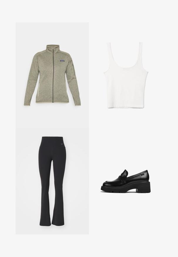 Svetlošedá fleecová bunda s plným zipsom a stojacím golierom, so zipsovou kapsou na rukáve, bočnými vreckami a logom Patagonia na hrudi.; Biely bavlnený top bez rukávov s okrúhlym výstrihom a priliehavým strihom. Hladká textúra, jednoduchý dizajn a minimálne švy.; Čierne jogové nohavice s vysokým pásom, vyrobené z elastického materiálu. Majú rozšírený strih a malú Nike logo na páse.; Čierne kožené mokasíny s hrubým podpätkom a hrubou podrážkou, so strapcom na vrchu, zobrazené z boku na bielom pozadí.