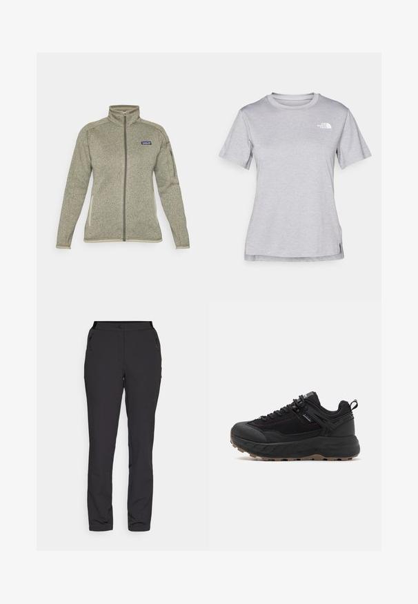 Világosszürke, teljes hosszában cipzáras fleece dzseki, álló gallérral, cipzáras zseb a részen, oldalsó zsebekkel és Patagonia logóval a mellkason.; Szürke, rövid ujjú póló, puha, nedvességet elvezető anyagból készült. Kerek nyakú, és egy kis fehér logó található a bal felső részen.; Fekete kültéri nadrág, könnyű anyagból készült, egyenes lábbal, cipzáras oldalzsebekkel és állítható derékkal rendelkezik.; Fekete sportcipők, texturált bőr és anyag felső résszel, mintás talppal, megerősített orral és állítható fűzőrendszerrel.