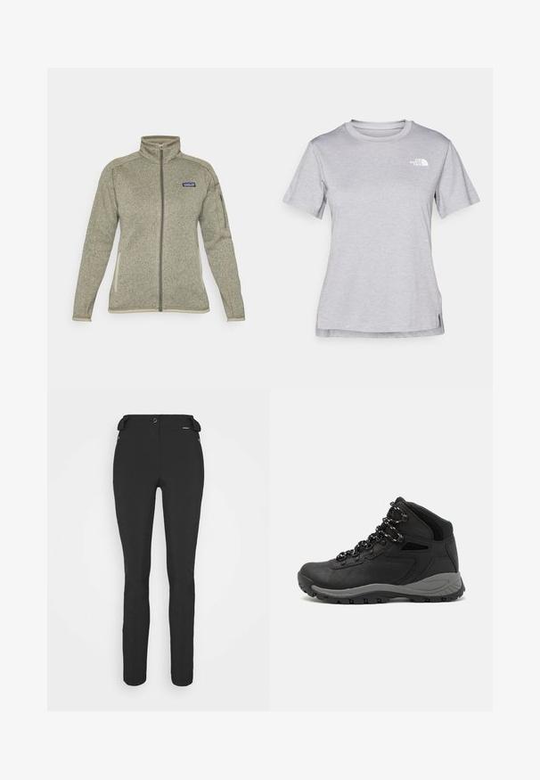 Casaco de polar cinza claro com fecho éclair completo, gola alta, bolso com fecho na manga, bolsos laterais e logo da Patagonia no peito.; T-shirt cinza de mangas curtas feito de um tecido suave e que absorve a humidade. Apresenta um decote redondo e um pequeno logotipo branco na parte superior esquerda.; Calças pretas, ajustadas, feitas de um material flexível. As características incluem um bolso lateral com fecho éclair, joelhos articulados e uma textura suave.; Bota de caminhada preta com design de cano médio, apresentando um upper texturizado, detalhes cinzentos e sola de borracha durável com cravos de tração.