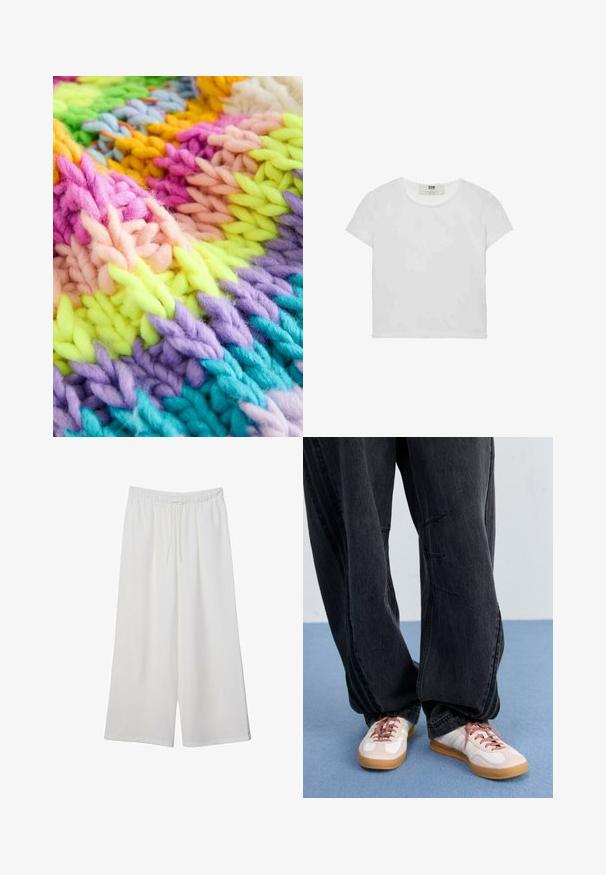 Next OVERSIZED HAND STRIPE - Strickjacke - multi bright; Weißes T-Shirt mit kurzen Ärmeln und Rundhalsausschnitt, aus weicher Baumwolle gefertigt, mit einem schlichten, sauberen Design ohne sichtbare Muster oder Akzente.; Weiße, weit geschnittene Hosen aus leichtem Stoff, mit einem elastischen Bund und einem Zugband für eine verstellbare Passform. Glatte Textur.; Schwarzeweite Jeans mit Frontnähten, kombiniert mit weißen und blassrosa Sneakern mit Gummisohle und rosa Schnürsenkeln.