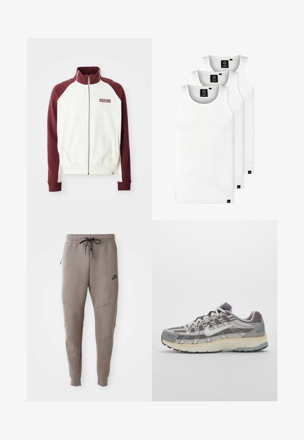 Sweatshirt com fecho em branco sujo e mangas raglan em cor maroon. Apresenta punhos e bainha canelados, e um pequeno logo no peito. Textura suave.; Três tops em algodão de alças brancas com nervuras. Apresentam um decote redondo e pequenas etiquetas pretas perto da bainha. Disponíveis em vários tamanhos.; Calças de treino cinzentas da Nike com um cós elástico ajustável, pernas ajustadas, bolsos laterais e pormenores de costura distintos. Tecido suave e texturizado.; Sapatilha atlética cinza com parte superior em malha e camurça, detalhes brancos, sola acolchoada e um design distinto com elementos refletivos.