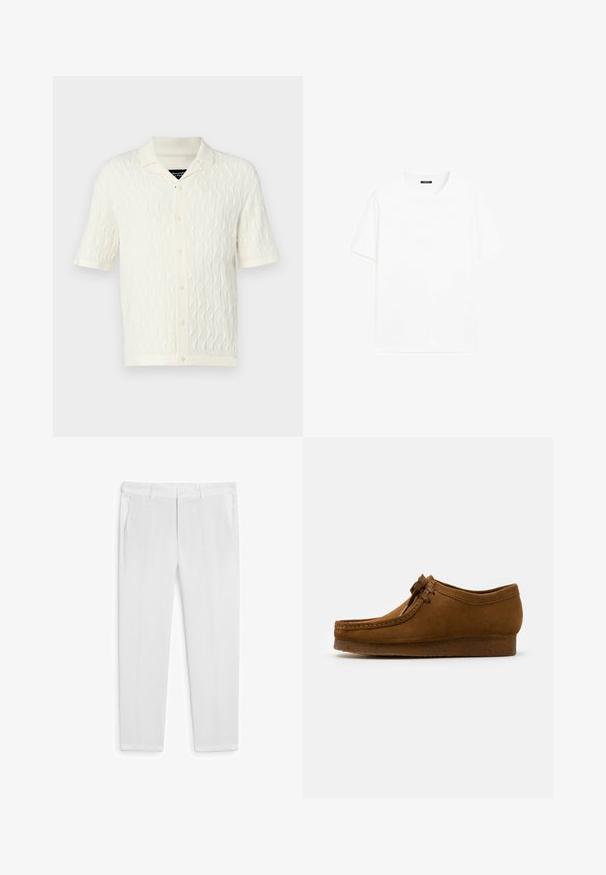 Kortärmad polotröja i krämfärgad med ett strukturerat vågmönster, med krage, fem knappar samt ribbade fållar och ärmar.; Vit bomull t-shirt med kort ärm, rund halsringning och rak skärning. Slät textur utan synliga mönster eller detaljer.; Vita linbyxor med rak skärning, utrustade med två framfickor och knappstängning. Slät textur, inga synliga mönster eller accenter.; Bruna mockaskor med rund tå och låg klack, detaljerad sömnad längs sömmarna och snörning framtill. Mjuk textur med strömlinjeformat design.