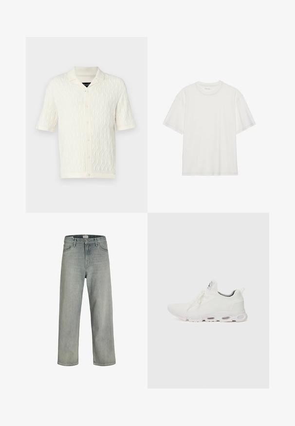 Polo de manga curta em creme com um padrão de onda texturizado, apresentando um colarinho, cinco botões e um acabamento canelado na barra e nas mangas.; T-shirt branca em algodão com mangas curtas, decote redondo e detalhe de costura em contraste à volta do decote e das mangas.; Jeans soltos de cor cinza claro feitos de denim. Apresentam um design clássico de cinco bolsos, passadores para cinto e uma silhueta de perna reta.; Ténis atléticos brancos com um superior em malha texturizada, atacadores planos e uma sola acolchoada com câmaras de ar visíveis para maior suporte.