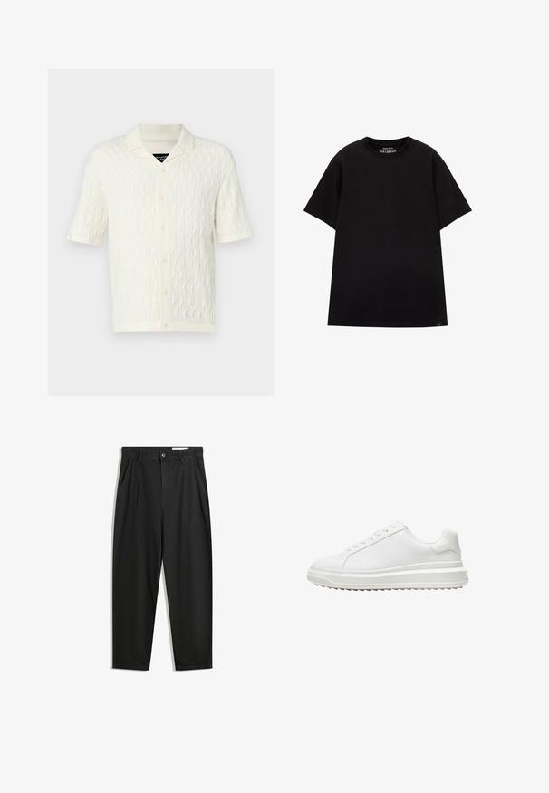Kortærmet polo shirt i creme med et tekstureret bølgemønster, med krave, fem knapper og ribbede kanter og ærmer.; PULL&BEAR JOIN LIFE - T-shirts basic - black; Sorte bomuldsbukser med en afslappet pasform, der har en klassisk talje, frontfolder og sidelommer. Glat tekstur uden mønstre.; Hvid sneaker med en glat syntetisk overdel, rund tå, flade snørebånd, struktureret sål og et lagdelt platformsdesign for ekstra højde.