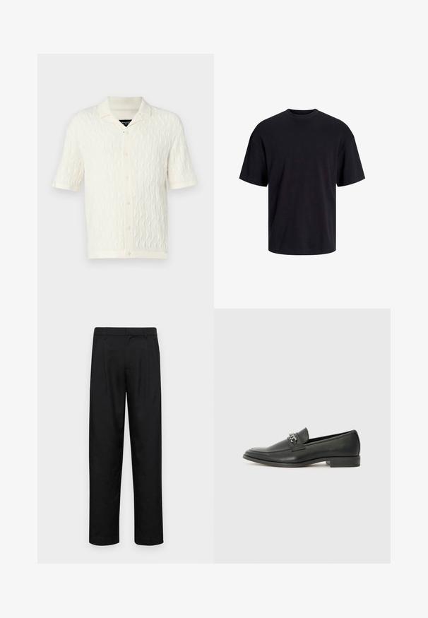 Polo de manga corta en color crema con un patrón de ondas texturizadas, que cuenta con un cuello, cinco botones y un dobladillo y mangas acanalados.; Camiseta de algodón negra con cuello redondo, mangas cortas y un ajuste relajado. Textura suave y sin patrones ni acentos visibles.; Pantalones negros de tela suave, con un diseño de pierna recta, dos pliegues frontales y una cintura estándar con trabillas para el cinturón.; Mocasín de cuero negro con un acabado suave, que cuenta con un diseño de costura y un acento decorativo de cadena de metal en el empeine. Tacón plano.