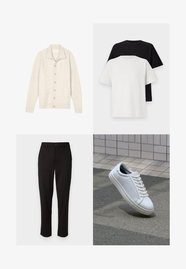 Light beige cardigan made of ribbed texture with a collared neck, featuring seven beige buttons down the front and long sleeves.; Cotton t-shirt set featuring a black top and a white top, both with short sleeves, round neckline, and standard fit. Textured fabric.; Black trousers made of lightweight fabric, featuring a straight leg, front button closure, belt loops, and side pockets.; White leather sneaker with a smooth texture, lace-up design, and a rounded toe. Features a textured rubber sole and minimalistic accents.
