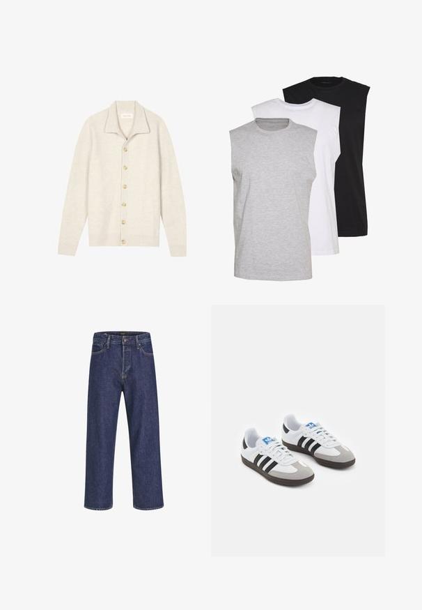 Lys beige cardigan lavet af ribbet tekstur med krave, der har syv beige knapper langs fronten og lange ærmer.; Tre ærmeløse t-shirts i grå, hvid og sort. Blødt bomuldsmateriale med rund hals og afslappet pasform. Enkel design, ingen mønstre.; Mørkeblå denimjeans med lige snit, fem-lomme design, metalknaplukning og kontrasterende syninger, der har en subtil tekstur.; Sportsko med en overdel i hvid læder, grå ruskind på tåen og tre sorte striber. Har et blåt logo på tungen og en struktureret gummisål.