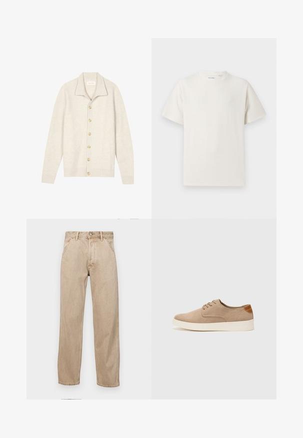 Light beige cardigan made of ribbed texture with a collared neck, featuring seven beige buttons down the front and long sleeves.; White short-sleeve T-shirt in a ribbed texture. Round neckline, relaxed fit, no visible patterns or accents. Simple and versatile design.; Beige denim jeans with a straight leg design, featuring front pockets, a metal button closure, and subtle texture.; Beige suede sneakers with a rounded toe, lace-up front, and a textured back accent. White rubber sole provides contrast. Simple and modern design.