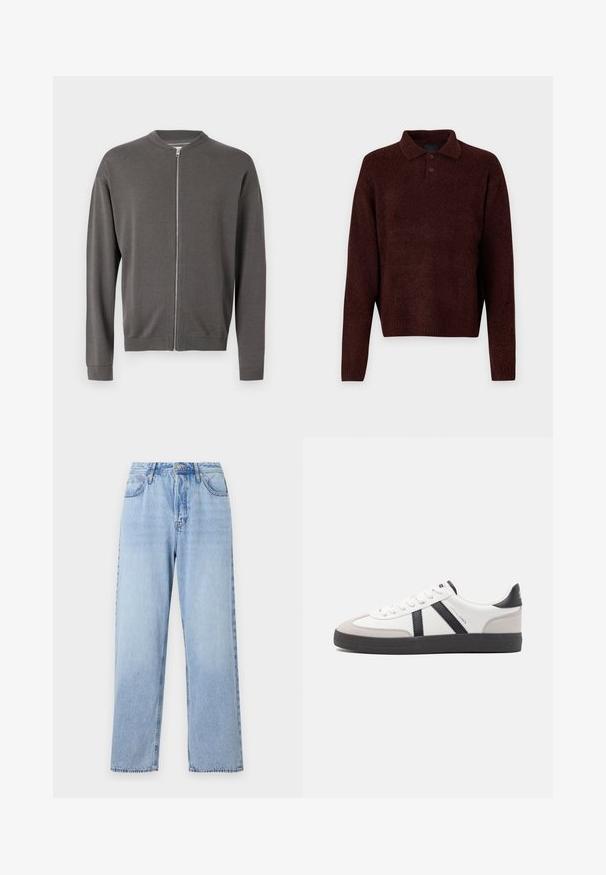 Grauer gestrickter Reißverschluss-Pullover mit Rundhalsausschnitt, gerippten Bündchen und Saum. Verfügt über eine glatte Textur und einen Reißverschluss auf der Vorderseite.; Brauner Strickpullover mit Polo-Kragen, drei Knöpfen am Hals und langen Ärmeln. Weiche Textur, gerippte Bündchen und Saum.; Helle blaue Jeans im geraden Schnitt, hohe Taille, fünf Taschen und Knopfverschluss. Mit ausgewaschenem Look und Kontraststeppnaht.; Weiße Sneaker mit schwarz- und grau-aczenten, ausgestattet mit einer strukturierten grauen Zehenkappe, schwarzer Gummi-Sohle und flachen weißen Schnürsenkeln. Sauberes Design, minimalistische Stil.