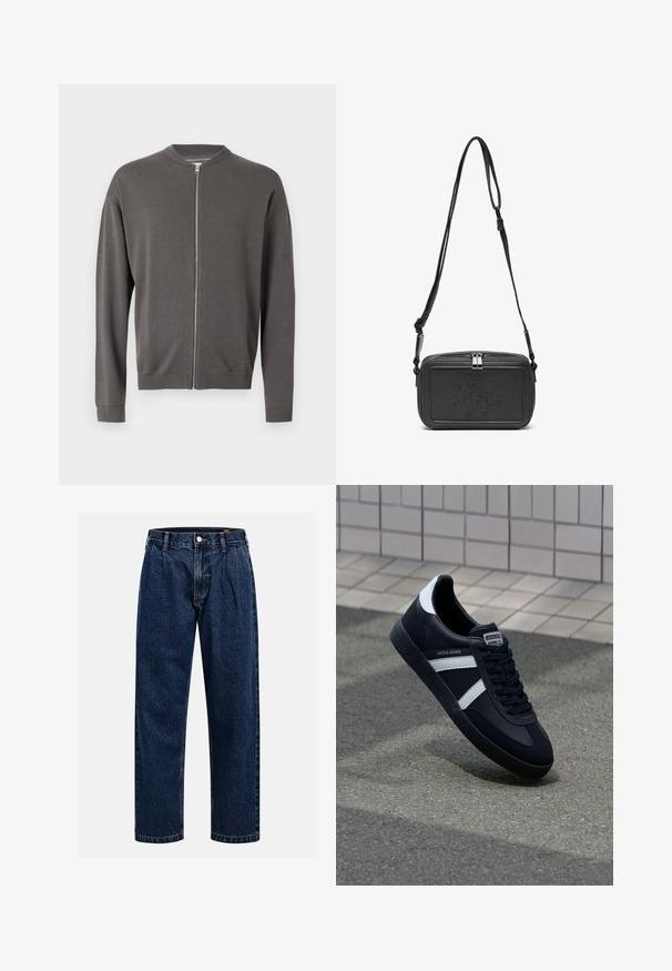Maglione grigio a zip con scollo rotondo, polsini e orlo ribattuti. Presenta una texture liscia e una chiusura con zip frontale.; Pullover marrone lavorato a maglia con colletto polo, tre bottoni al collo e maniche lunghe. Texture morbida, polsini e orlo a costine.; Jeans in denim blu scuro con design a gamba dritta. Presentano cuciture visibili, una chiusura con bottone e pieghe frontali per un tocco di dettaglio in più.; Sneaker neri in pelle con strisce bianche, suola in gomma texturizzata e allacciatura frontale. Presenta un'etichetta con il marchio sulla linguetta.; Borsa a tracolla nera in pelle con chiusura zip, logo impresso sul davanti e tracolla regolabile. Texture liscia con forma rettangolare.