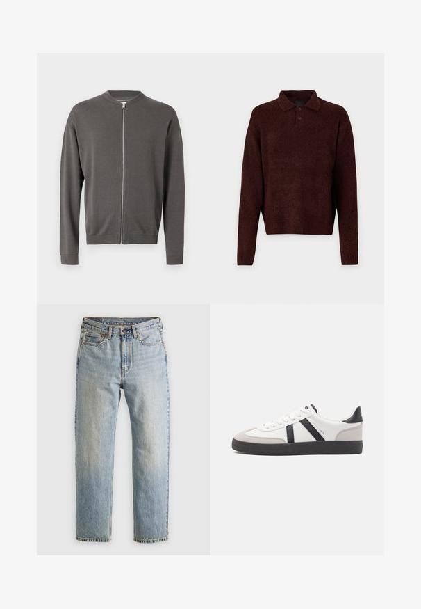 Pull en maille grise zippé avec un col rond, des poignets et un ourlet côtelés. Présente une texture lisse et une fermeture éclair à l'avant.; Pull en maille brun avec col polo, trois boutons au cou, et manches longues. Texture douce, poignets et ourlet à côtes.; Jean en denim bleu clair à taille haute, avec bouton avant, fermeture éclair et design à cinq poches, posé à plat sur un fond neutre.; Baskets blanches avec des accents noirs et gris, présentant un embout texturé gris, une semelle en caoutchouc noir et des lacets plats blancs. Design épuré, style minimaliste.