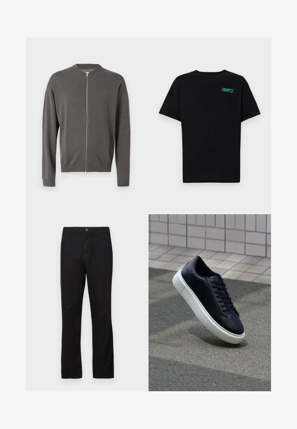 Pull en maille grise zippé avec un col rond, des poignets et un ourlet côtelés. Présente une texture lisse et une fermeture éclair à l'avant.; T-shirt noir en coton à manches courtes. Présente un logo "ROOTS" vert sur le devant, un col rond et une coupe standard.; Pantalons en coton noir avec une coupe droite, dotés d'une fermeture à bouton, de poches avant et arrière, et d'une texture lisse.; Baskets noires en cuir avec bout arrondi et semelle en caoutchouc blanc. Elles présentent des lacets plats et une couture minimale sur la tige. Semelle texturée pour une bonne adhérence.