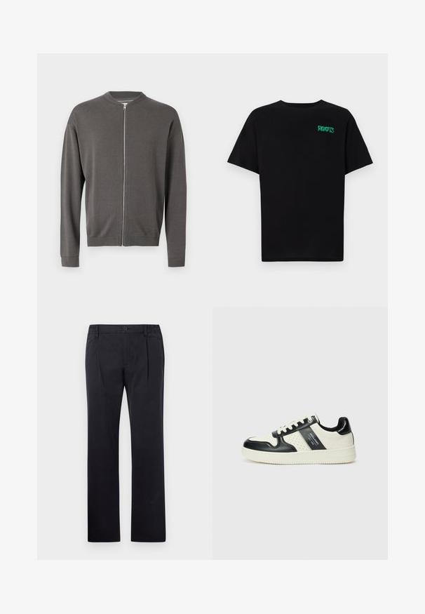 Grauer gestrickter Reißverschluss-Pullover mit Rundhalsausschnitt, gerippten Bündchen und Saum. Verfügt über eine glatte Textur und einen Reißverschluss auf der Vorderseite.; Schwarzes T-Shirt aus Baumwolle mit kurzen Ärmeln. Auf der Vorderseite befindet sich ein grünes "ROOTS"-Logo, es hat einen runden Halsauschnitt und eine normale Passform.; Schwarze Baumwollhose mit geradem Bein, ausgestattet mit einem Knopfverschluss und einem elastischen Bund für eine verstellbare Passform. Glatte Textur, ohne Muster.; Leder-Sneaker in Schwarz- und Cremetönen, mit perforierten Akzenten, einem gepolsterten Kragen und einer strukturierten Laufsohle.