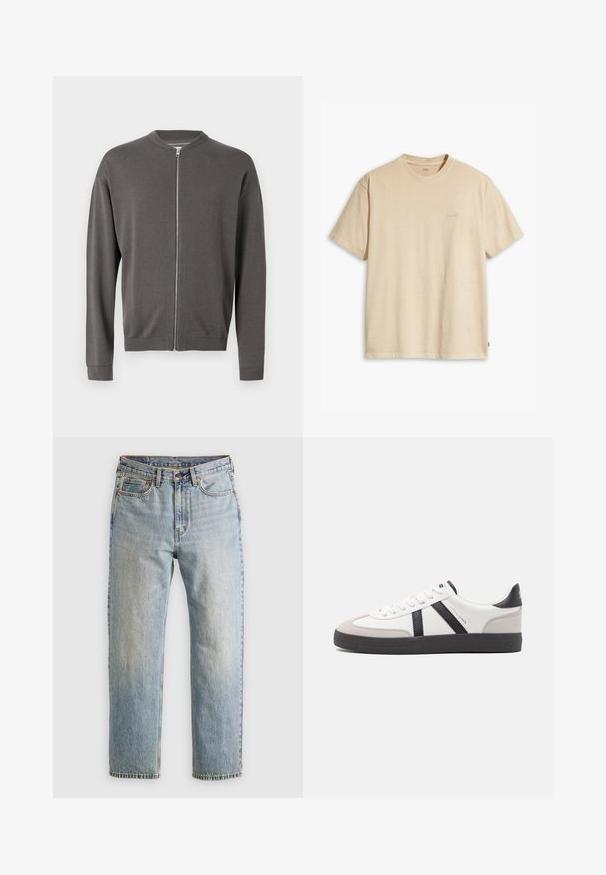 Siva pletena zip-up jopica z okroglim izrezom, rebrastimi manšetami in robom. Ima gladko teksturo in sprednje zadrgo.; Bež majica s kratkimi rokavi iz bombaža z okroglim izrezom. Na prsih ima subtilen logotip "Levi's" v isti barvi. Mehka tekstura.; Svetlo modri džins hlače z visokim pasom, sprednjim gumbom, zadrgo in petimi žepi, laid flat na nevtralni podlagi.; Bela športna obutev z črnimi in sivo akcenti, z teksturirano sivo kapico za prste, črnim gumijastim podplatom in ravnimi belimi vezalkami. Čista zasnova, minimalistični slog.