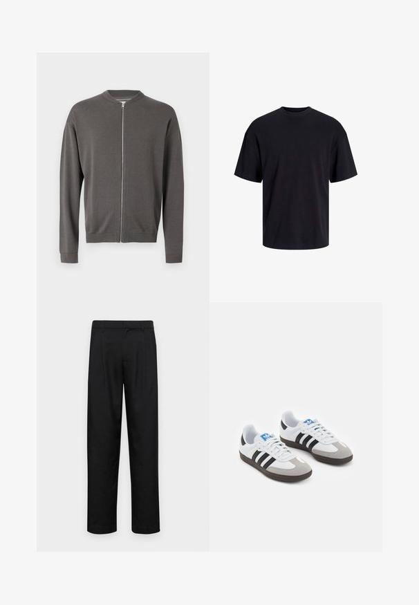 Grå stickad zip-up-tröja med rund halsringning, ribbade ärmslut och nederkant. Har en slät textur och en frontdragkedja.; Svart bomullströja med rundad halsringning, korta ärmar och avslappnad passform. Slät textur utan synliga mönster eller detaljer.; Svarta byxor i slät väv, med rak ben-design, två framfickor och standardmidja med bälteshällor.; Sportskor med överdel i vit läder, grå mocka på tårna och tre svarta ränder. Har en blå logotyp på tungan och en texturerad gummisula.