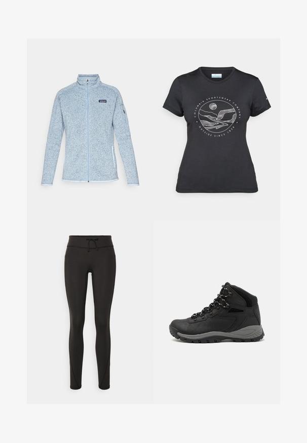 Ljust blå fleecejacka med ett texturerat mönster, hög krage, hel dragkedja och sidofickor. Har en Patagonia-logotyp på bröstet.; Svart Columbia-t-shirt med vit cirkulär linjekonst av berg och flod samt texten "Columbia Sportswear Company Outside Since 1938."; Svarta leggings med hög midja, snörning, slät textur och figurnära design. Har sömnadsdetaljer längs sidorna.; Svart vandringskänga med mellanhög design, som har en texturerad överdel, grå accenter och en slitstark gummisula med greppklackar.