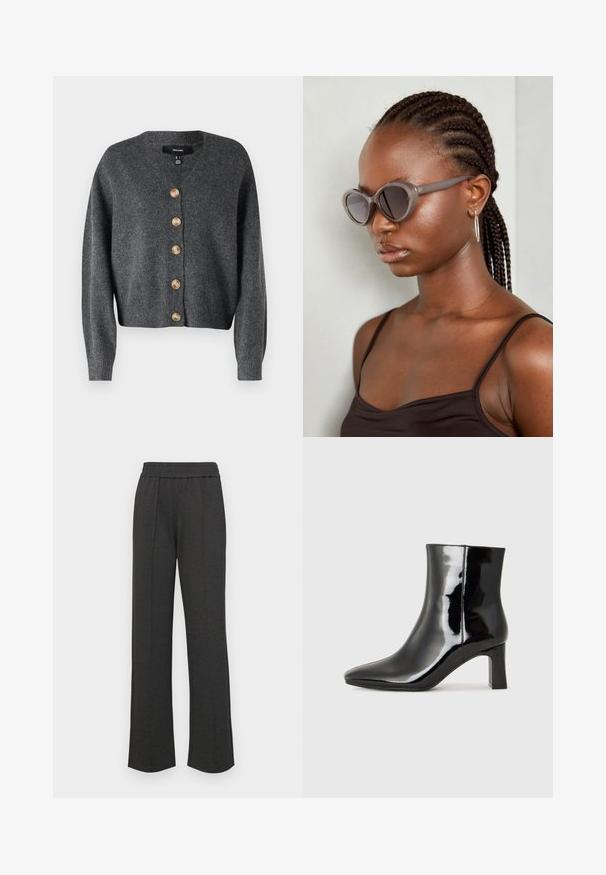 Vero Moda VMLEAF V-NECK - Cardigan - dark grey melange; Hvit ermeløs topp med rund hals. Laget av glatt stoff, har den en avslappet passform og minimalistisk design. Ingen mønstre eller detaljer.; Svart rette bukser med elastisk liv, frontfolder, myk stoff, og uten synlige mønstre eller maskinvare detaljer.; Sorte patentlær ankle boot med spiss tå og en mellomhøy blokkhelt. Glatt tekstur og minimalistisk design.; Grå, overdimensjonerte solbriller med rund form og mørke linser. Slank plastikkramme med glatt overflate. Modellen har flette.